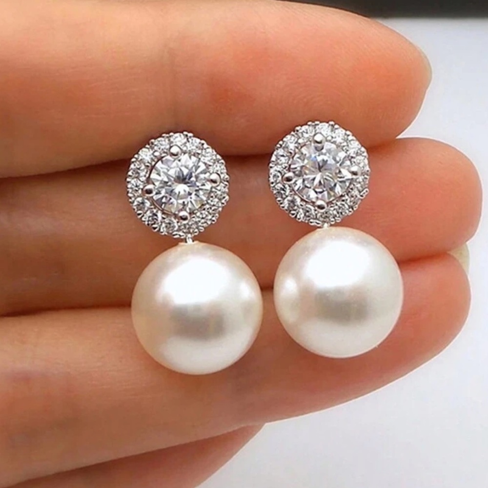 Silver Pearl Stud Earrings Pearl Drop Cubic Zirconia Formal Evening Jewelry
